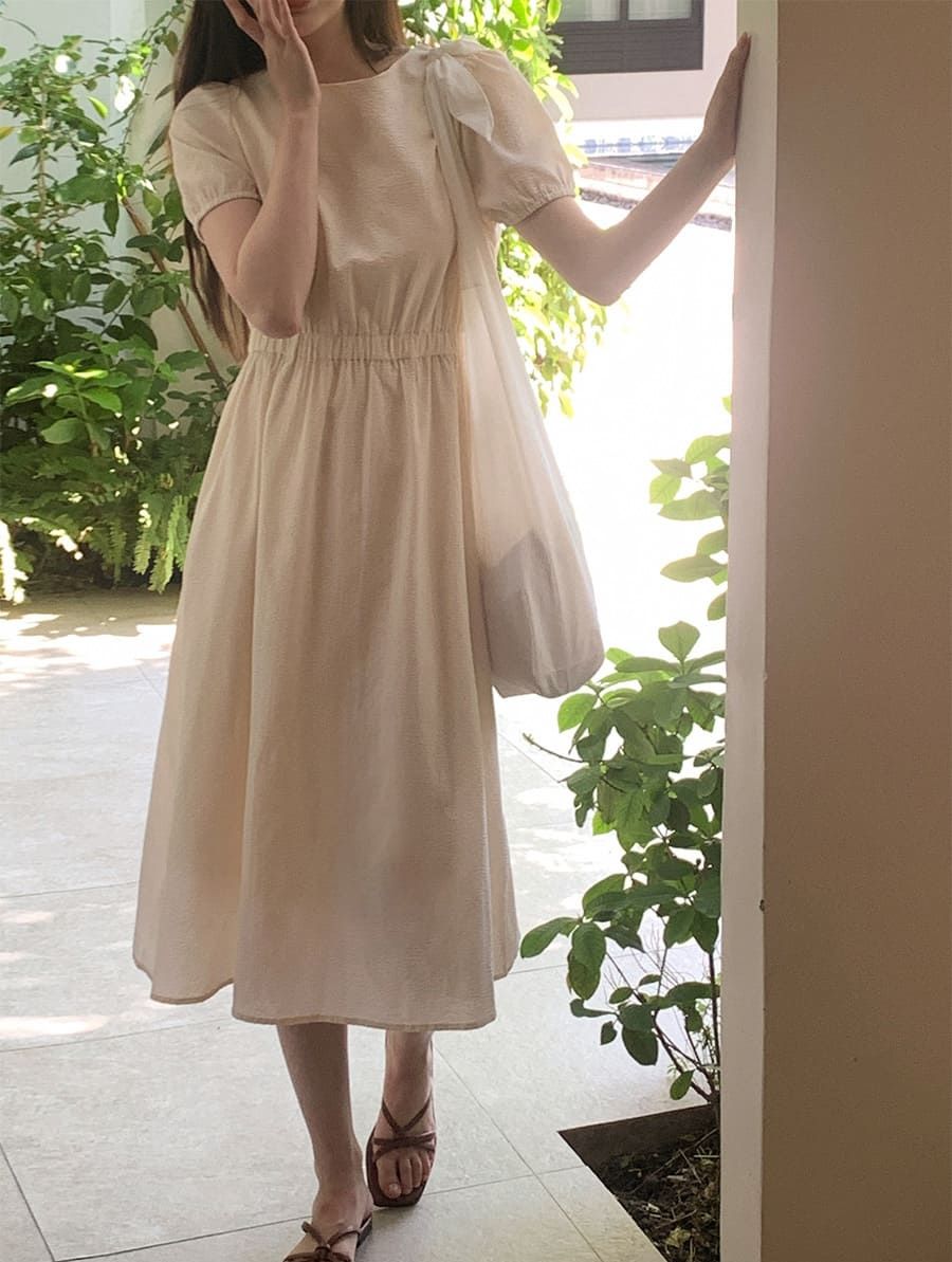 正韓製泡泡紗條紋短袖洋裝 dress 2色 （ 自製設計款 ） 連身裙 短袖 長裙 腰身