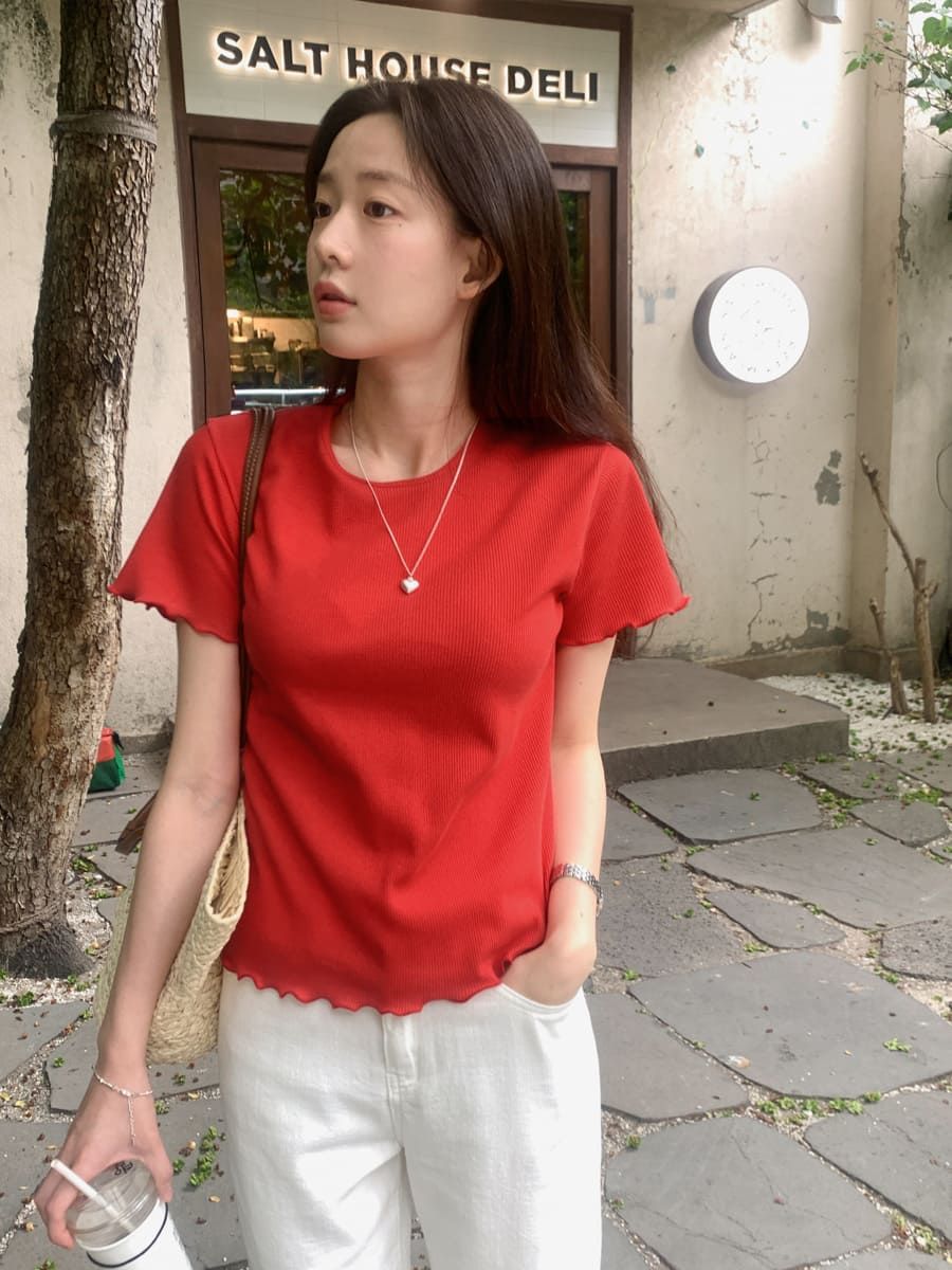 正韓製華夫格質感短袖上衣 tee 7色 捲邊 木耳邊 短袖 短T