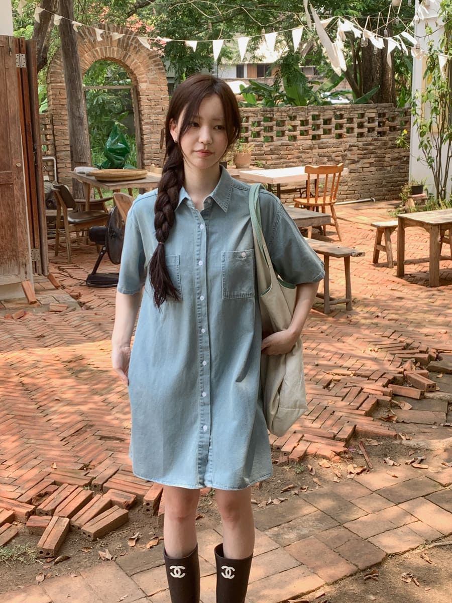 夏季薄款牛仔洋裝 dress 連身裙 短袖 短裙 襯衫洋裝