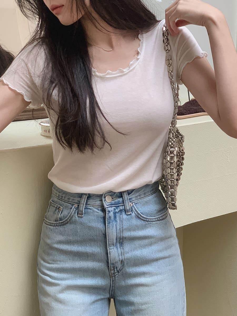 正韓製透膚捲邊短袖上衣 tee 4色 短T 木耳邊 透視