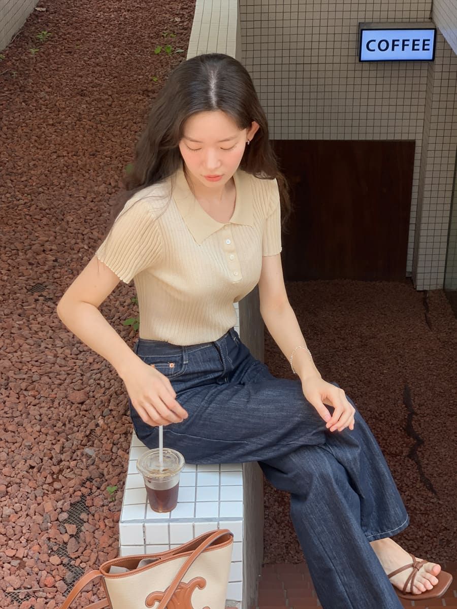 夏季亞麻翻領針織上衣 knit 3色 短袖 坑紋 羅紋 修身豎條紋