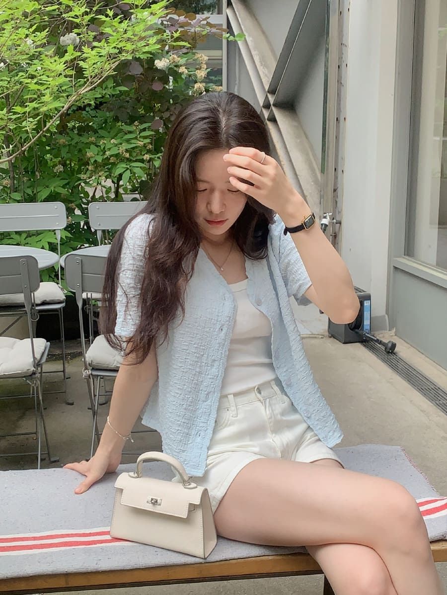 抓皺感布料襯衫外套 jacket 2色 短袖 夾克 V領 荷葉邊 泡泡袖