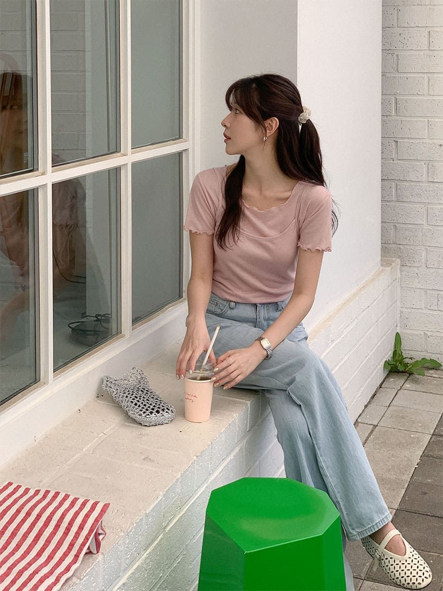 正韓製捲邊兩件式上衣 blouse 2色 （ 自製設計款 ） 短袖 木耳邊 透膚