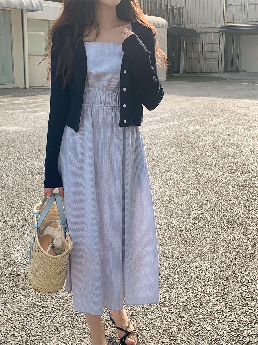 泡泡紗質感細肩帶洋裝 dress （ 自製設計款 ） 連身裙 長裙 吊帶裙