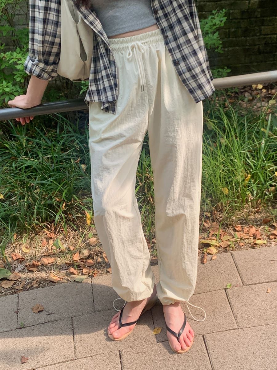 正韓製夏季尼龍寬鬆長褲 pants 2色 寬管 寬褲 高腰 下擺抽繩 鬆緊腰