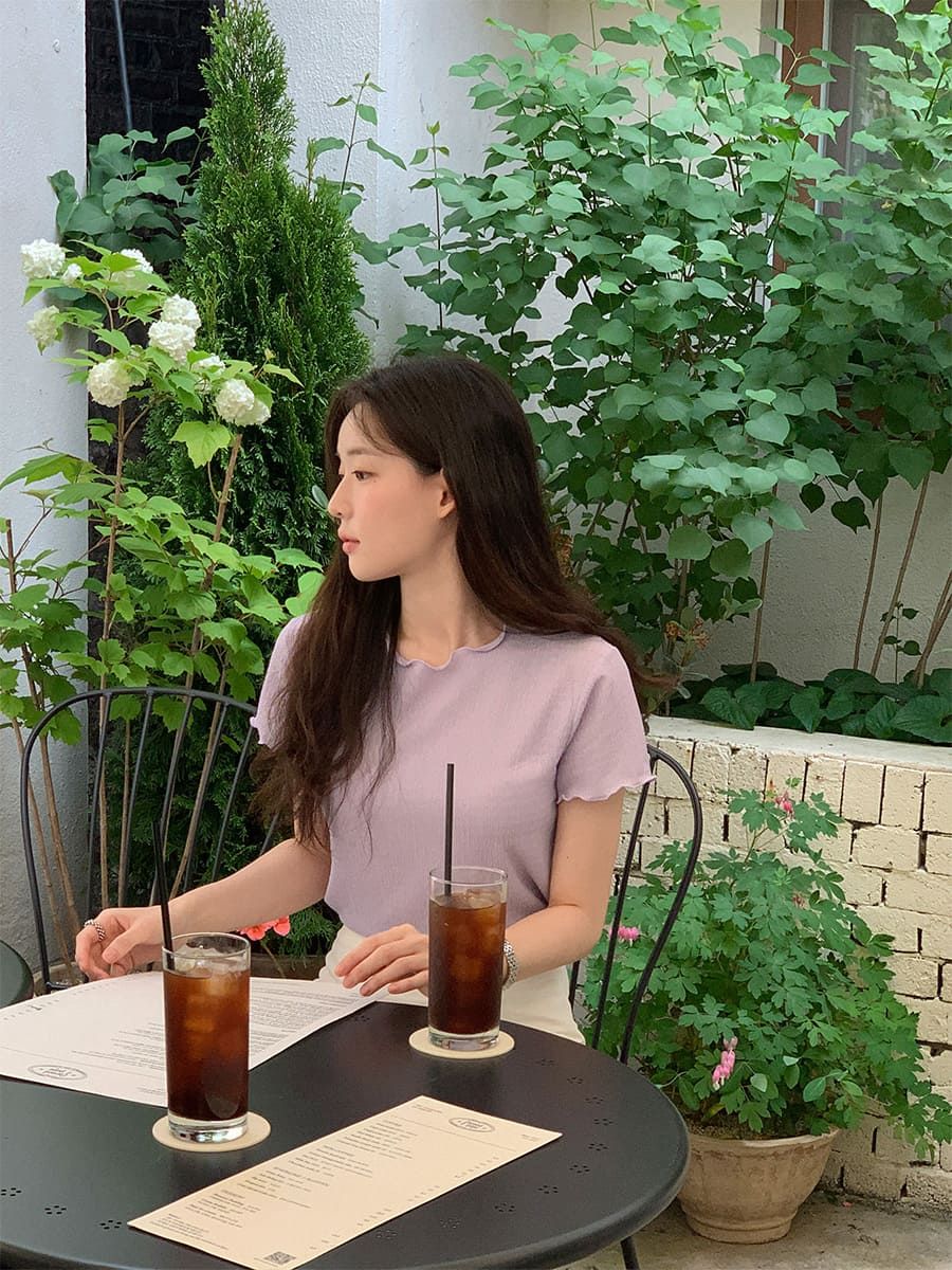 正韓製褶皺捲邊上衣 tee 5色 （ 自製設計款 ） 短袖 木耳邊 T恤 圓領