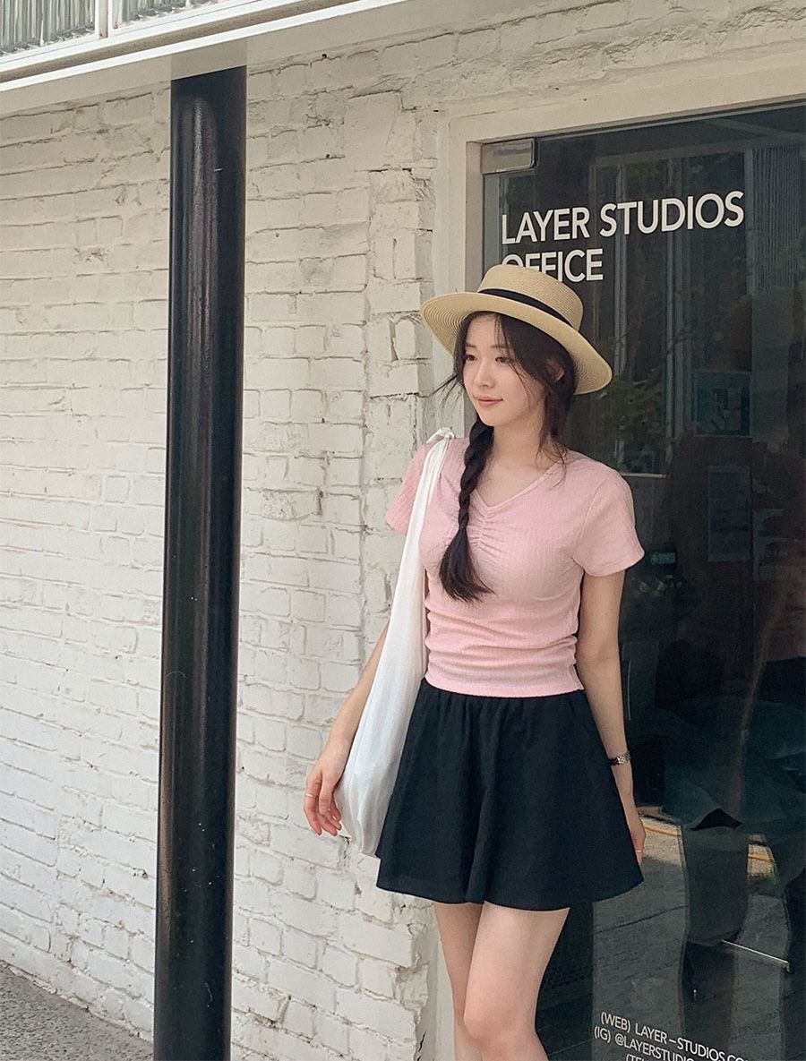 正韓製褶皺V領上衣 tee 3色 短袖 T恤