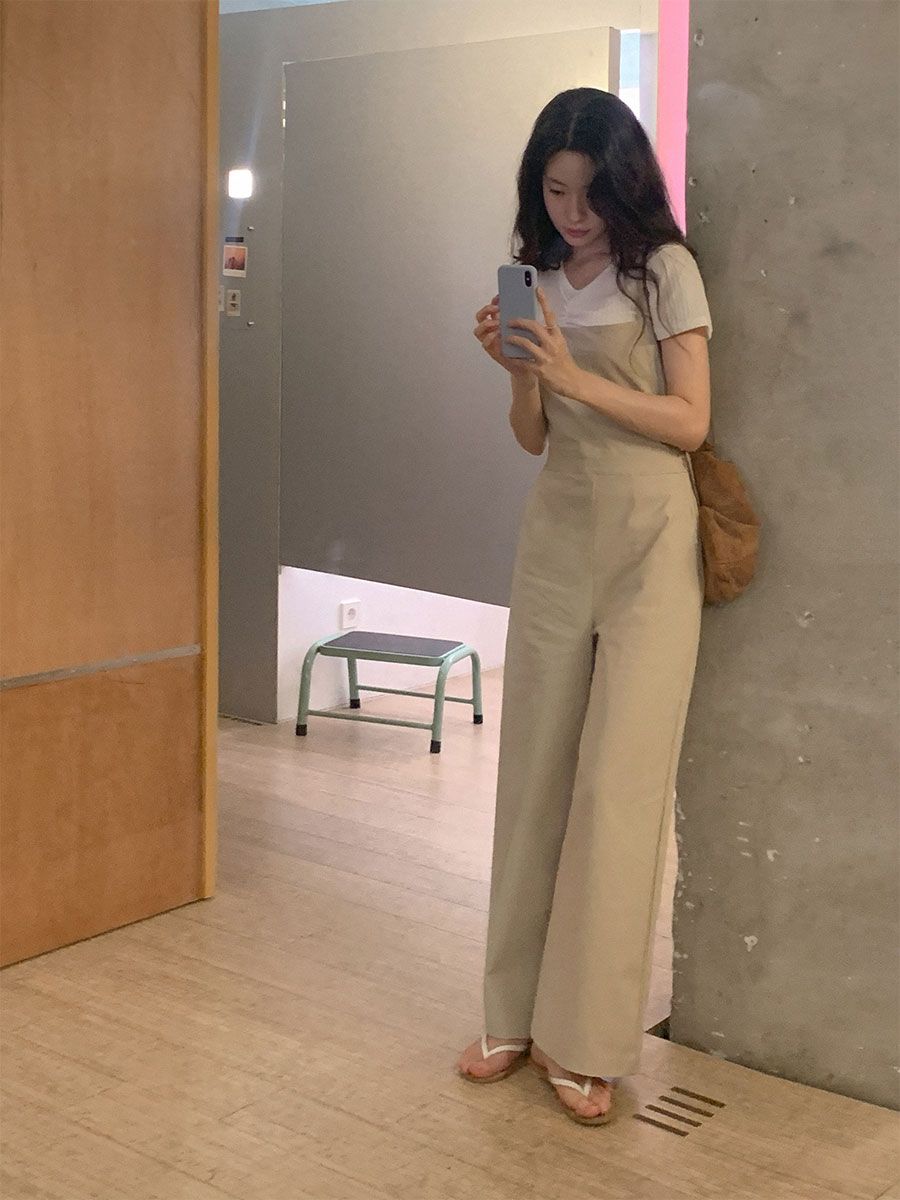 可調節肩帶吊帶褲 jumpsuit 2色 鬆緊腰圍 連身褲 背帶褲 寬管 寬褲 長褲