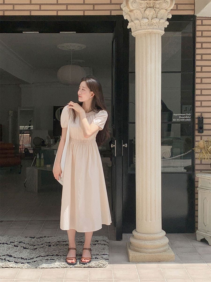 荷葉邊領口短袖洋裝 dress 2色 連身裙 長裙 泡泡袖 鬆緊腰