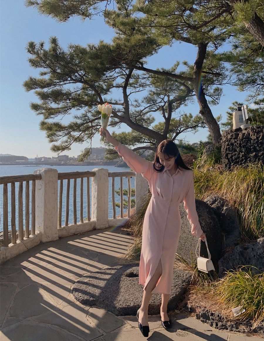 正韓製修身細褶連身裙 dress 2色 （自訂款 ） 長袖 洋裝 長裙 綁帶 收腰長洋