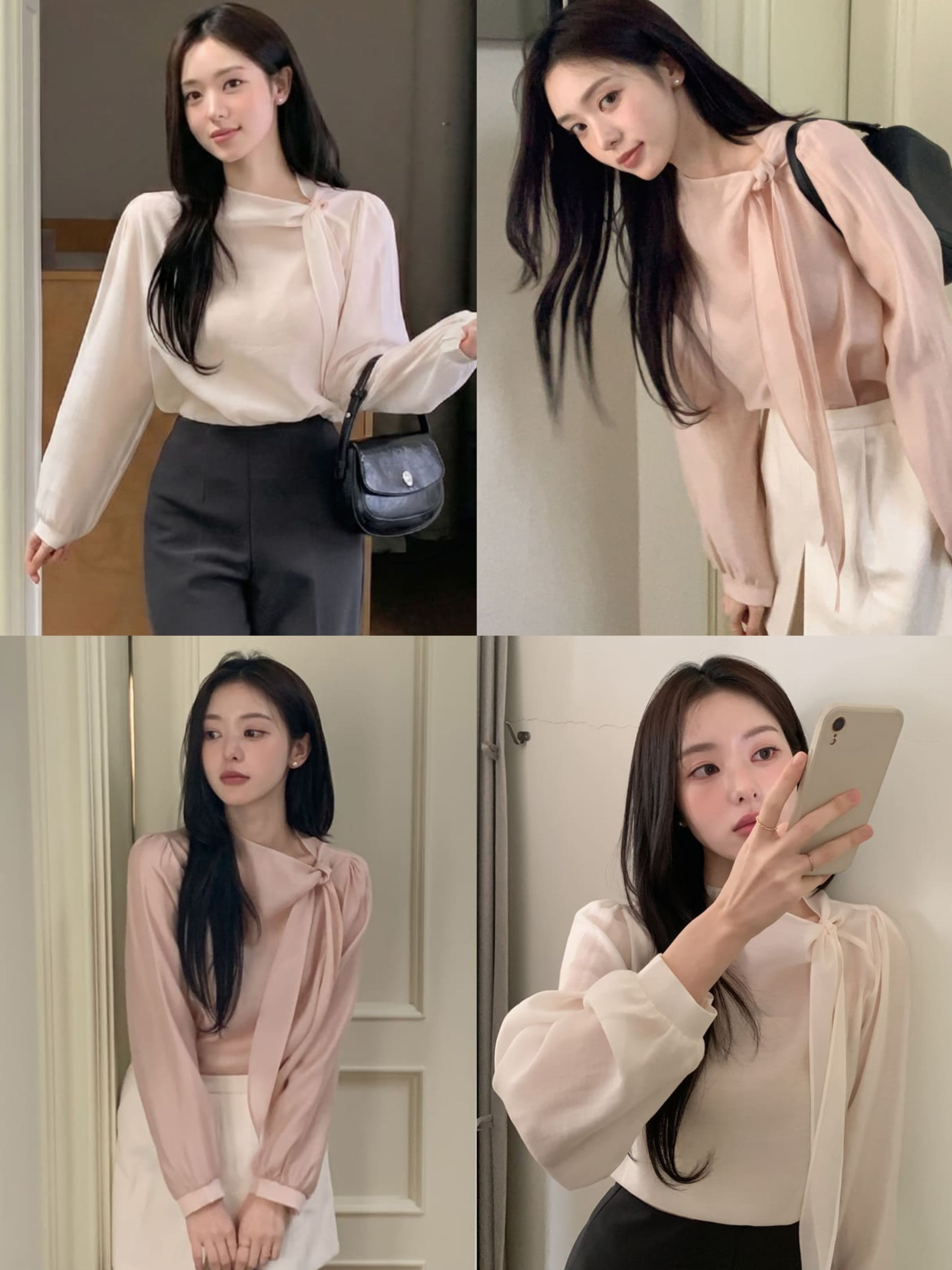 正韓製絲綢感飄逸綁帶襯衫 blouse / cherrykoko 로에린 타이 블라우스