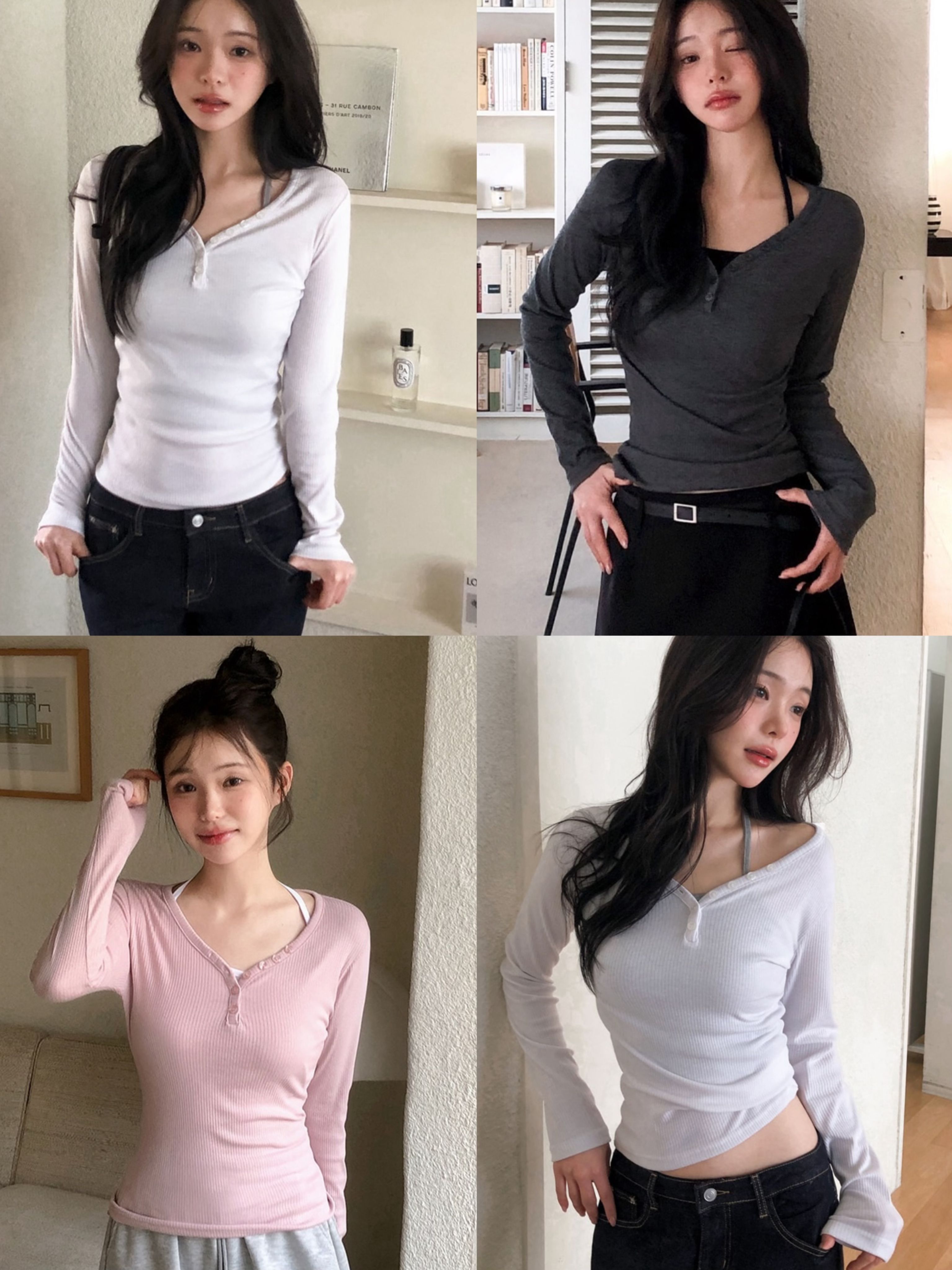 不規則排扣修身坑條長袖上衣 knit 5色 / 코유키 언발 버튼 슬림 골지 티셔츠