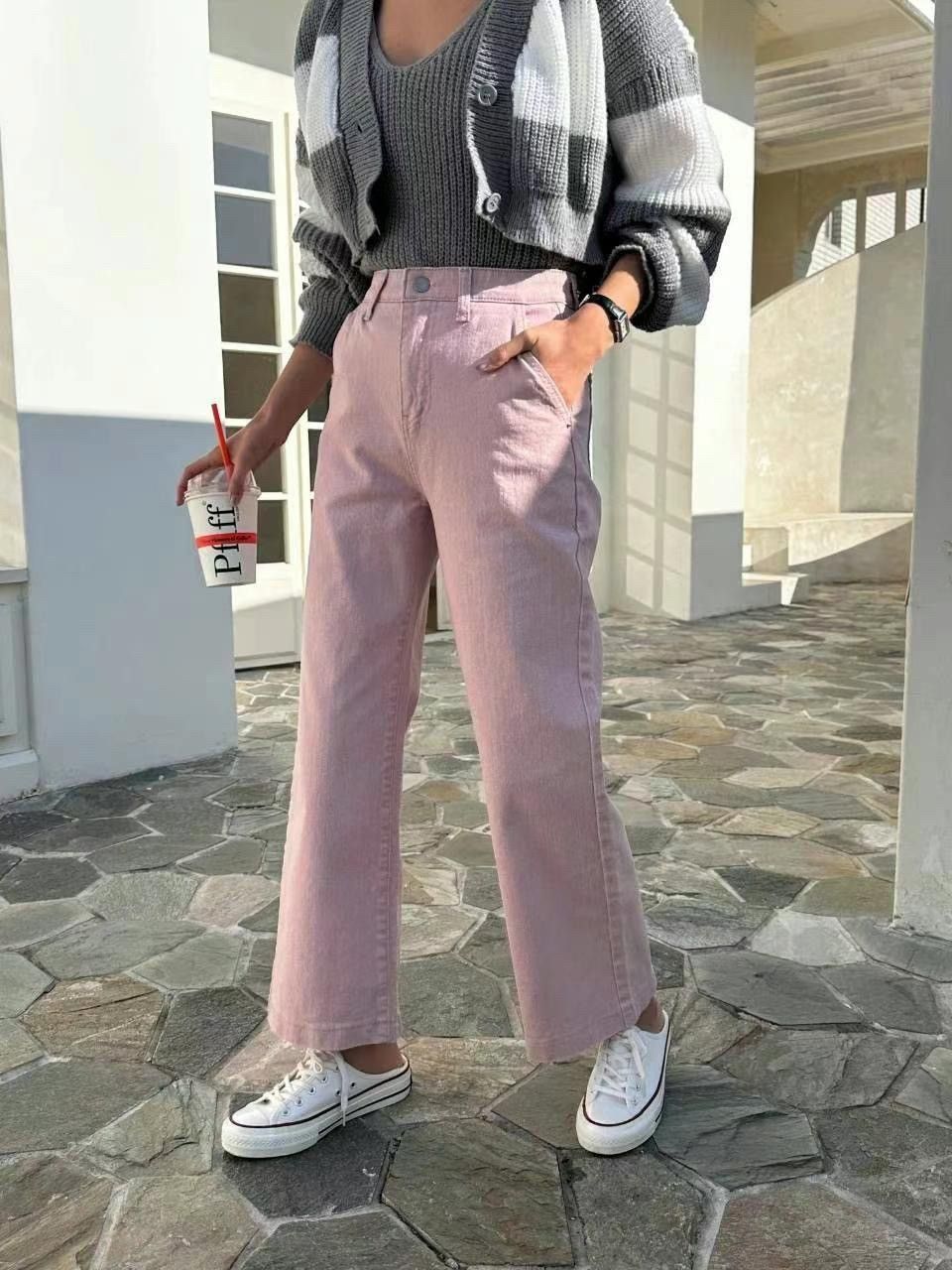 正韓 三色 高腰彈力直筒牛仔褲3colors（粉白奶油）S-XL 2077 寬褲