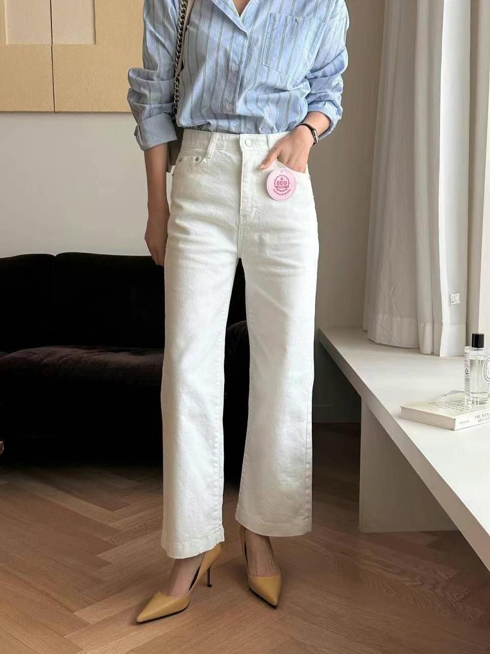 正韓 兩色 高腰彈力九分直筒牛仔褲2colors（白奶油）S-XL 2036 寬褲