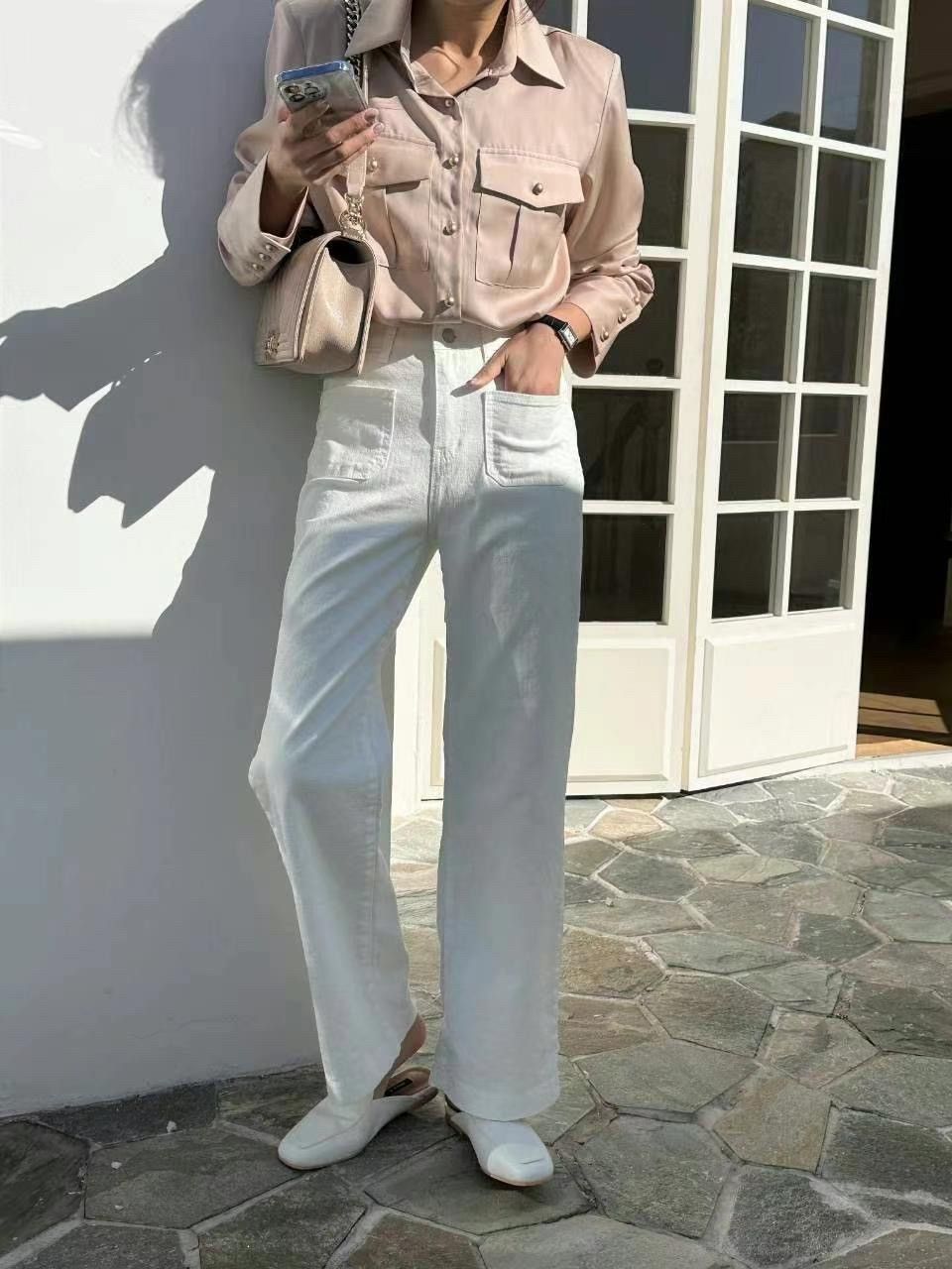 正韓 兩色 高腰彈力雙口袋直筒牛仔褲2colors（粉白）S-XL 2015 寬褲