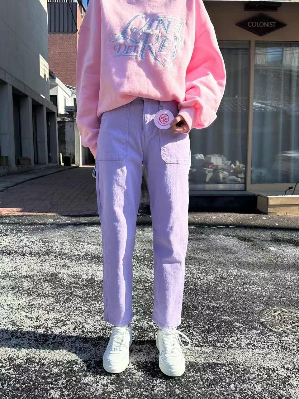 正韓 命定修身款 三色 高腰彈力雙口袋哈倫牛仔褲（白紫粉）S-XL 2057