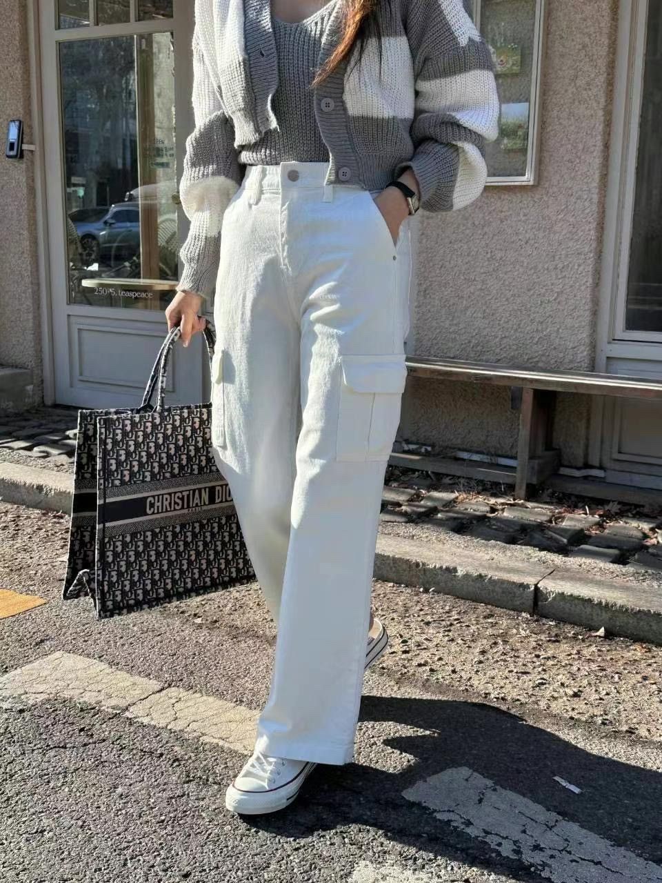 正韓 純白高腰彈力工裝牛仔褲S-XL 2055 寬褲 工裝褲