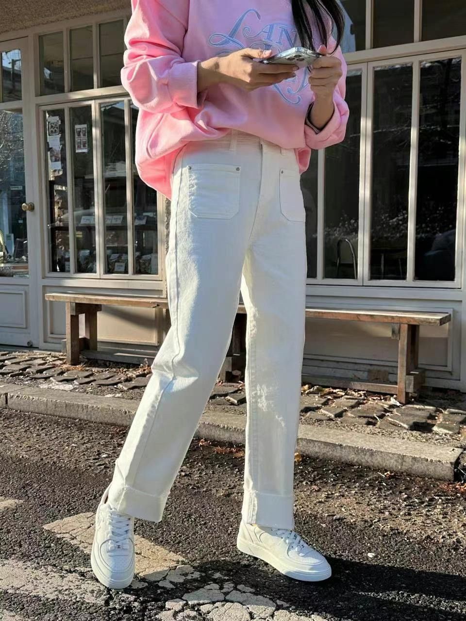 正韓 純白高腰彈力反摺雙口袋直筒牛仔褲S-XL 2071 寬褲