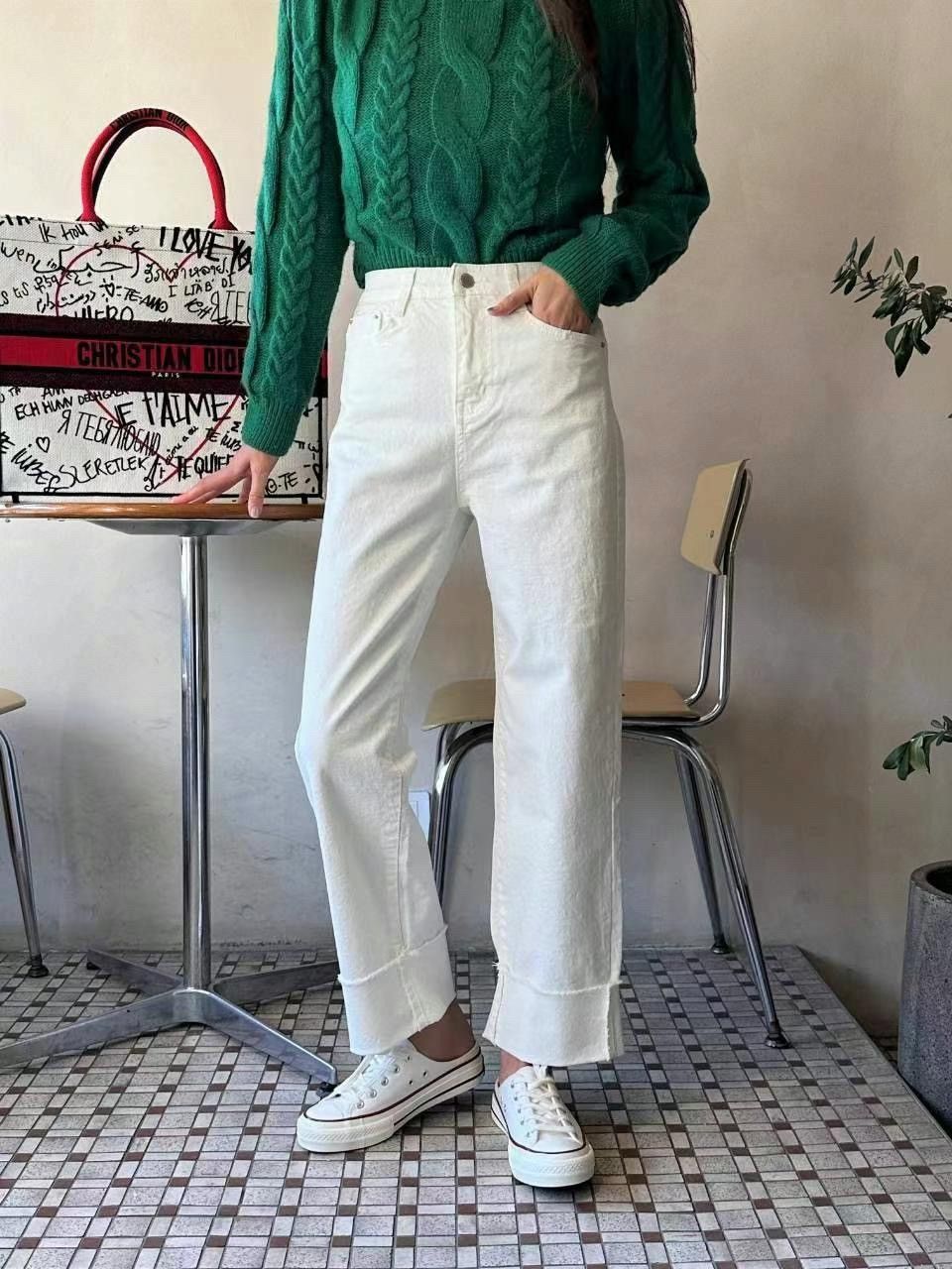 正韓 純白高腰彈力反摺直筒牛仔褲S-XL 2069 寬褲