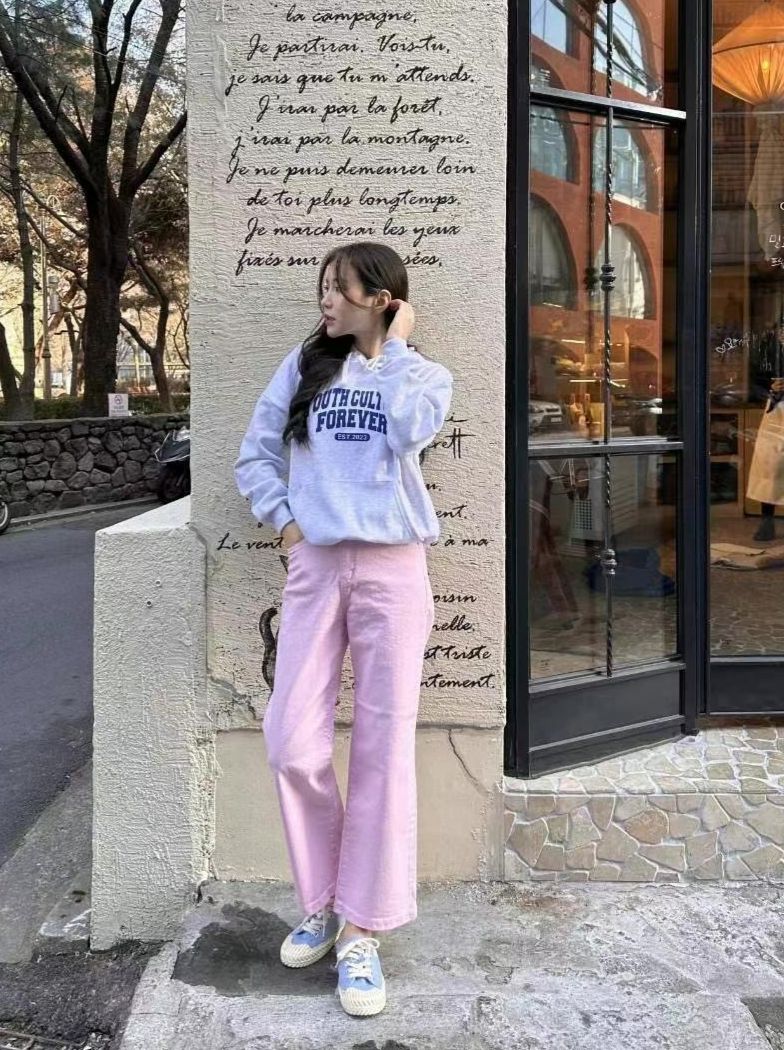 正韓 純色粉高腰彈力九分直筒牛仔褲S-XL 2062 寬褲