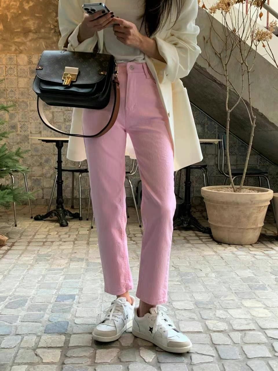 正韓 純色粉高腰彈力直筒牛仔褲S-XL 2058