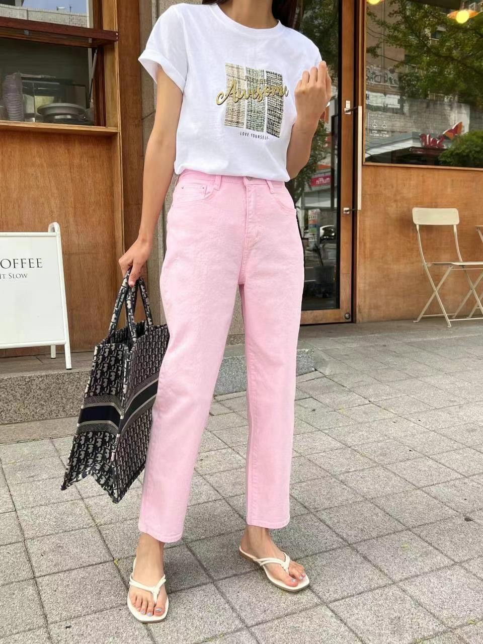 正韓 純色粉高腰彈力哈倫牛仔褲S-XL 2061 男友褲 寬褲 老爹褲 煙管褲