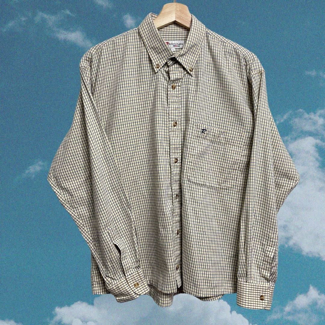 【𝗠𝗼𝗿𝗲𝗳𝘂𝗻古著選物】𝗥𝗼𝗯𝗲𝗿𝘁𝗮 鵝黃色藍格線襯衫 古著襯衫 疊穿 復古