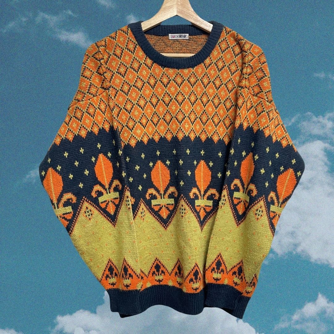 【𝗠𝗼𝗿𝗲𝗳𝘂𝗻古著選物】橘黃色幾何圖案毛衣 古著毛衣 幾何圖形 民族風