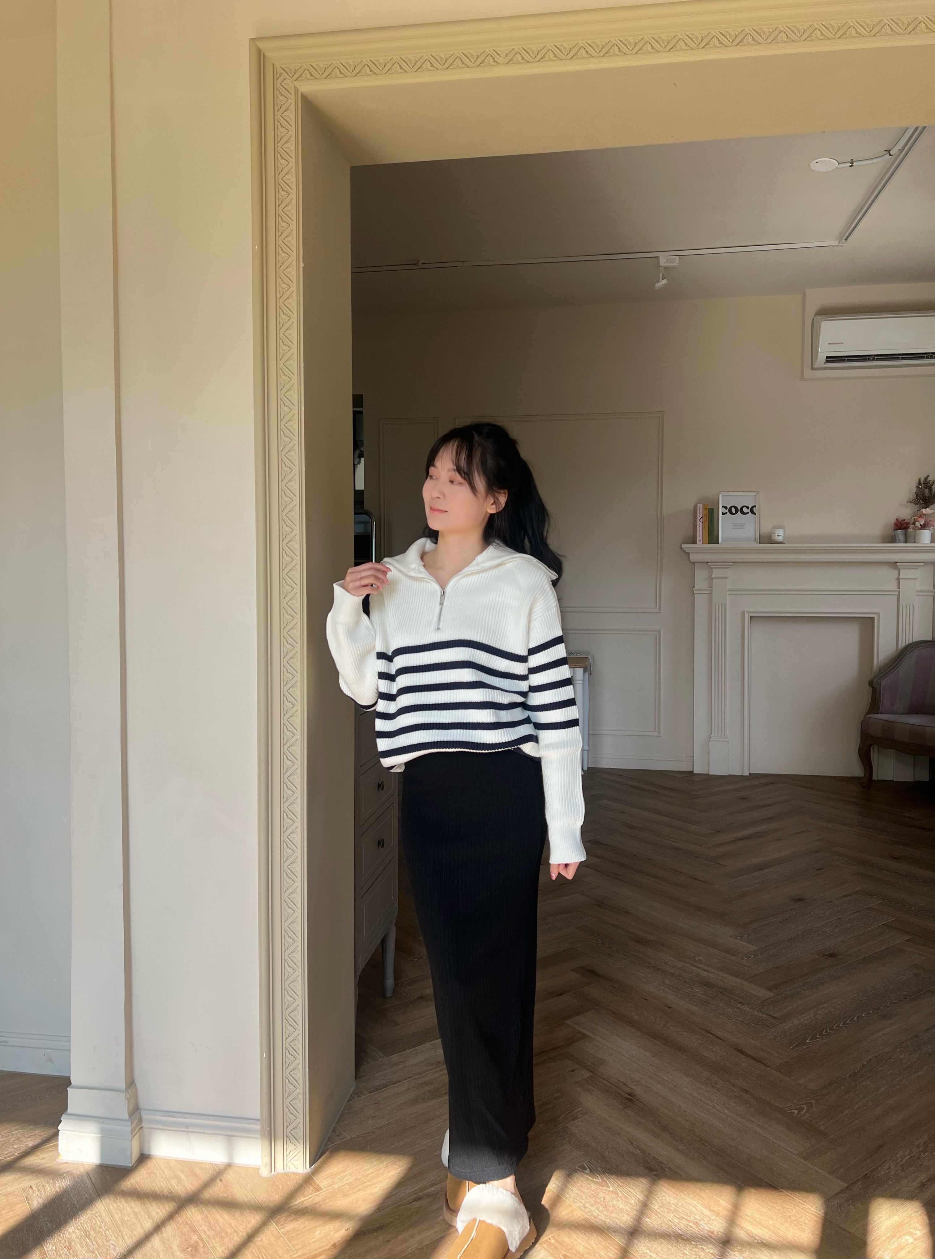 美式復古💭半拉鍊撞色針織毛衣