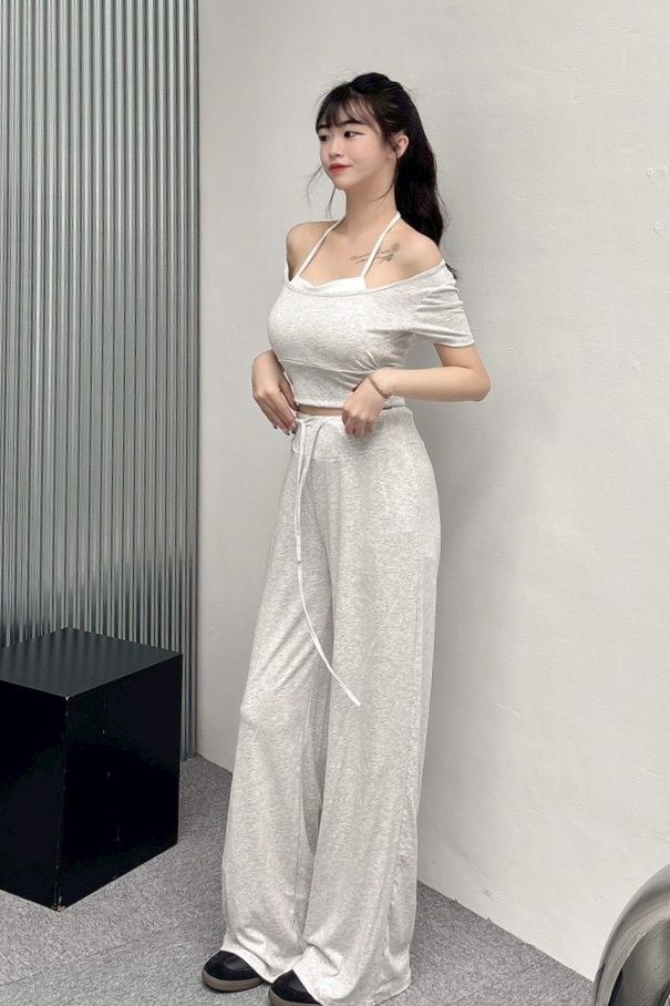 假兩件配色寬褲套裝