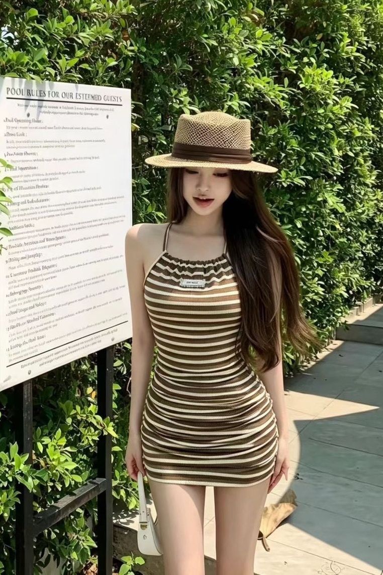 掛脖條紋抓皺洋