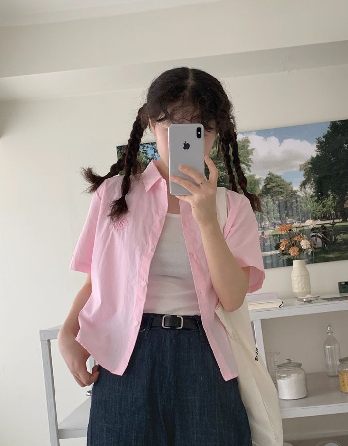 正韓製小刺繡圖樣中短版襯衫 shirt 5色 短袖 上衣 外套 透膚