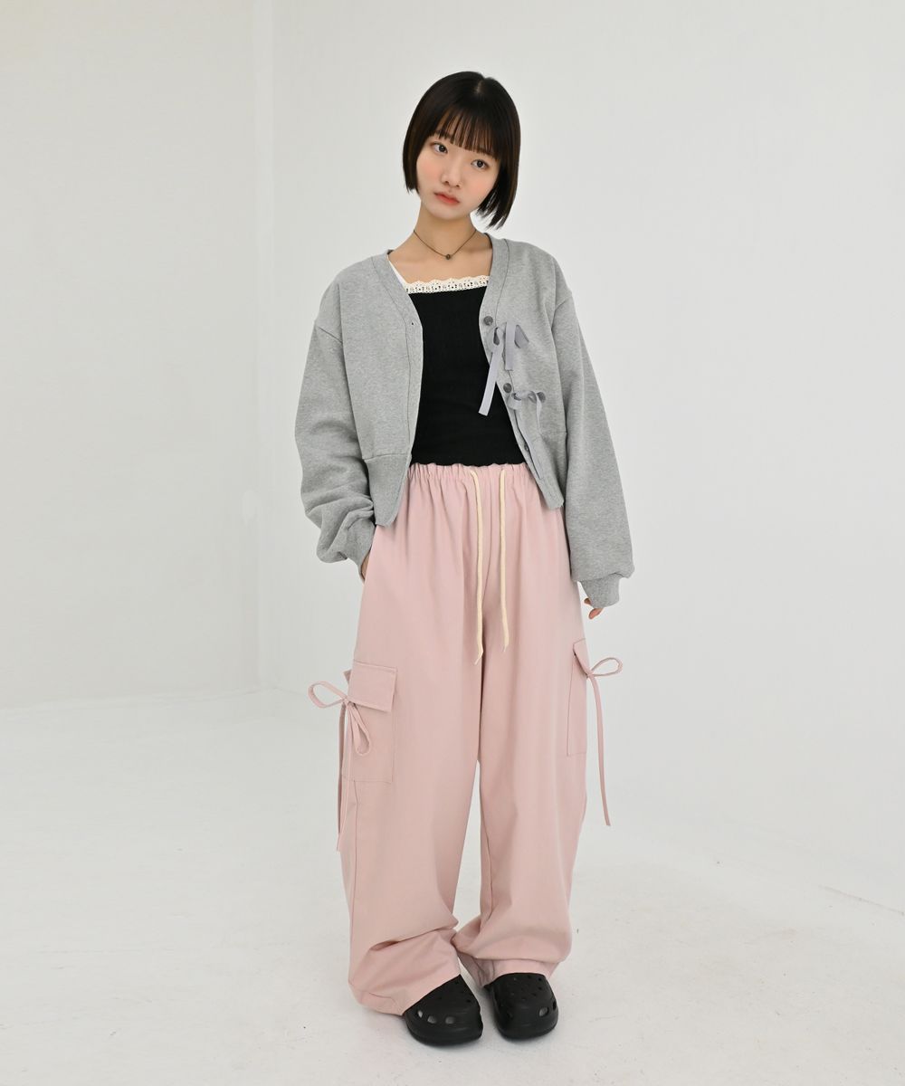 正韓製側邊蝴蝶結工裝褲 pants 4色 長褲 寬管 寬褲 寬鬆 鬆緊腰 口袋