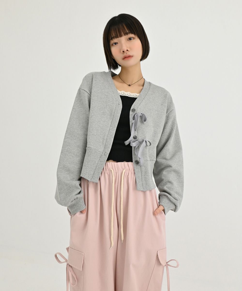蝴蝶結綁帶中短版無領外套 cardigan 3色 長袖 縮口袖 毛圈布 棉外套