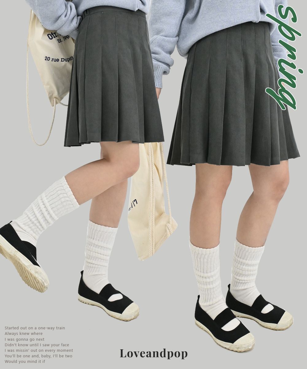 後鬆緊腰圍百褶裙 skirt 3色 中長裙 側拉鍊