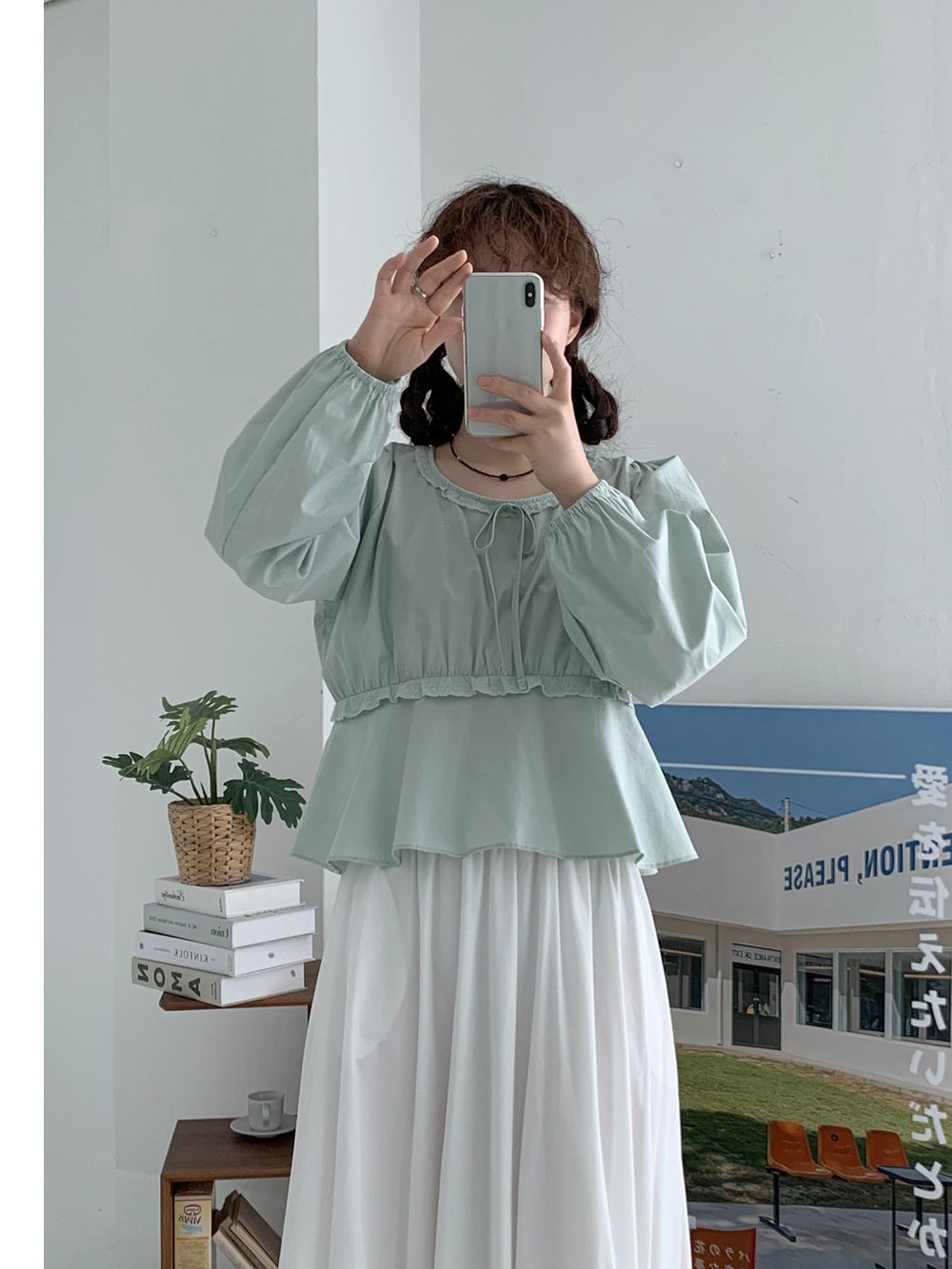 荷葉邊細節長袖襯衫 blouse 4色 上衣 綁帶 泡泡袖