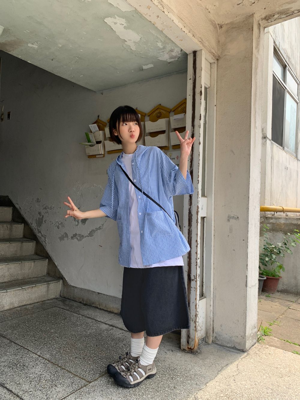 連帽寬鬆格紋襯衫 shirt 3色 短袖 上衣 寬鬆 落肩