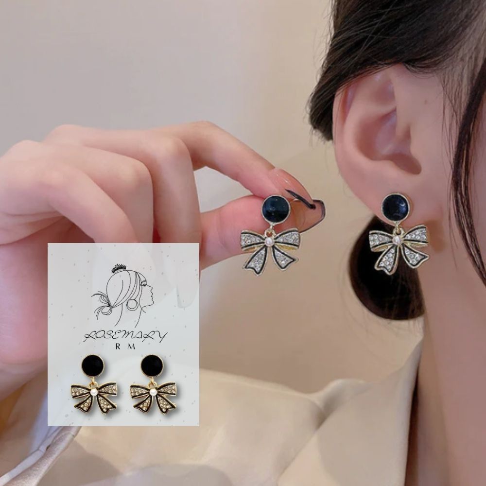 ♛ROSEMAYR♛[HU-0074] S925銀針 韓系氣質仙女必備 黑邊水鑽蝴蝶結耳環