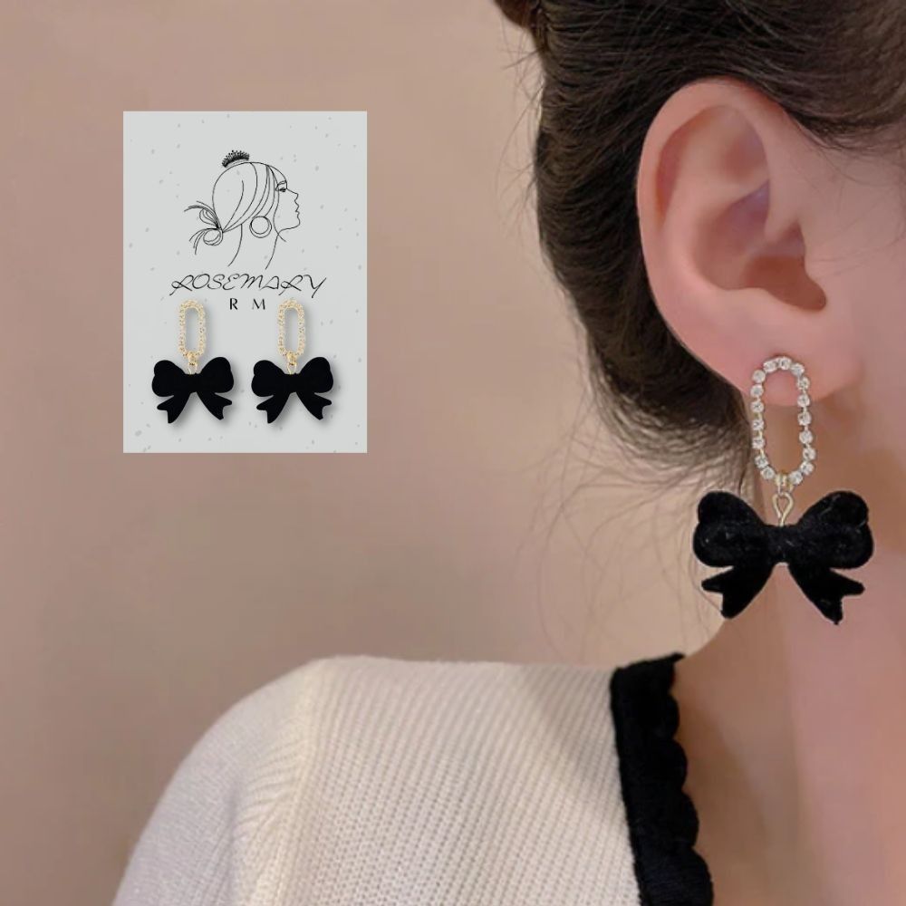 ♛ROSEMAYR♛[HU-0076] S925銀針 韓系甜美女孩 鑲鑽吊墜絲絨蝴蝶結耳環