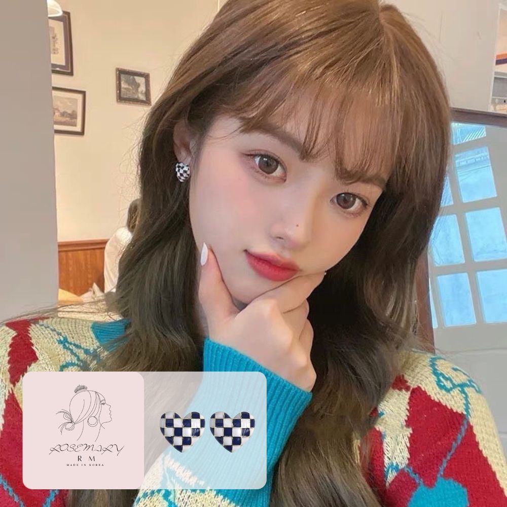 ♛ROSEMAYR♛[SG-0010]S925銀針 棋盤格子 愛心 耳環 耳釘