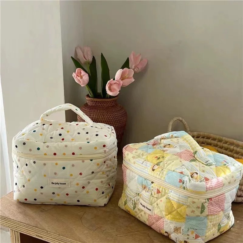 小清新波點化妝包 彩色拼貼旅行收納包 大容量手提洗漱包