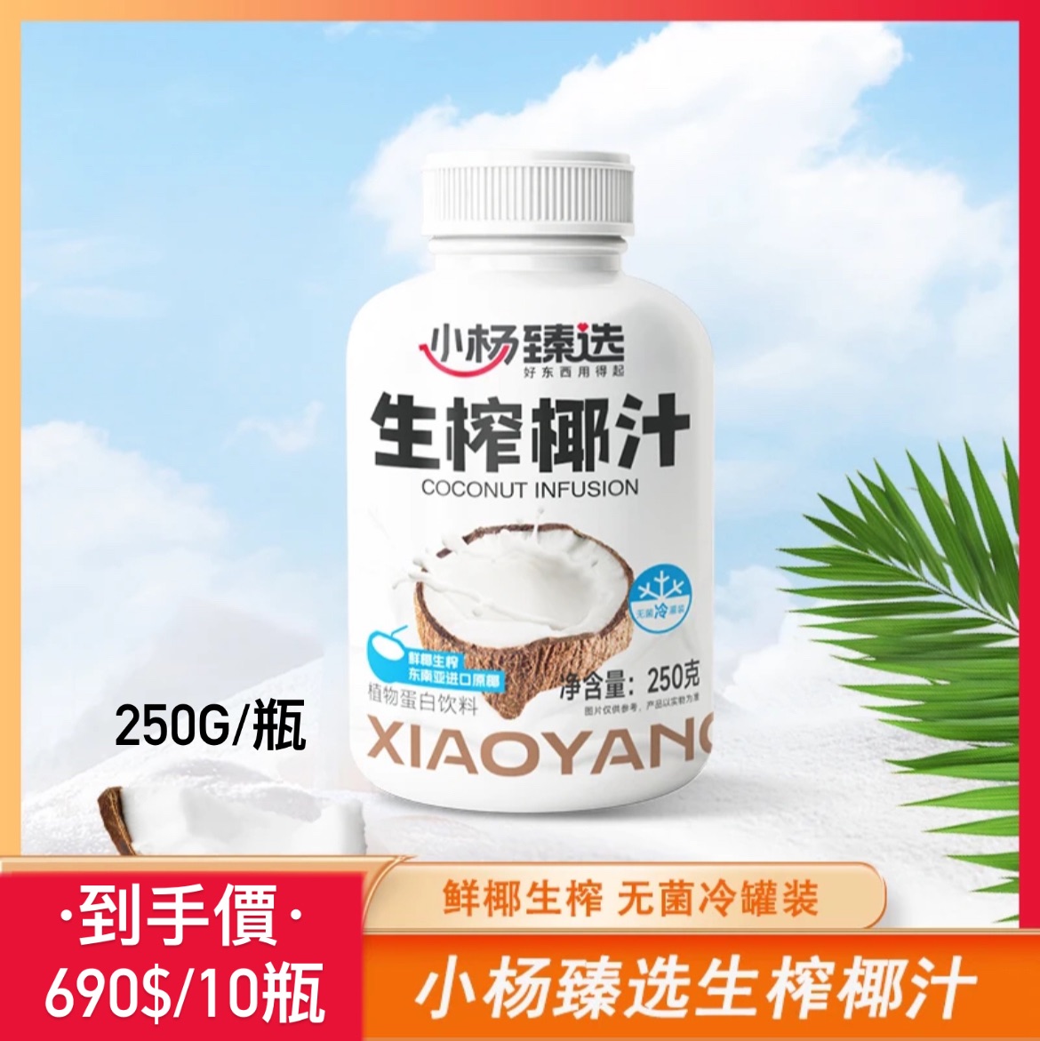 ·小楊臻選·生榨椰汁「植物蛋白飲料」250g*10瓶 即飲生椰