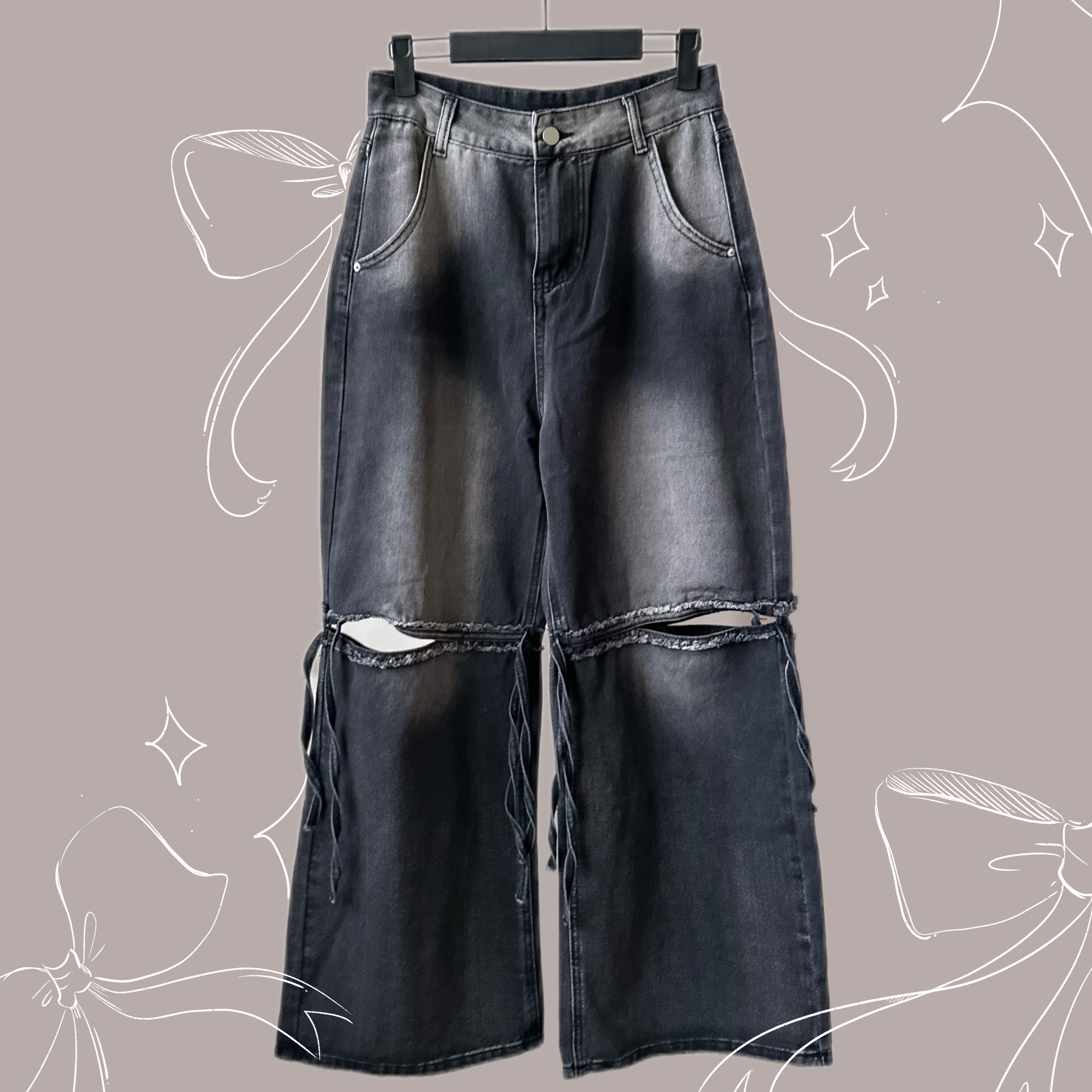 綁帶割破刷色牛仔褲