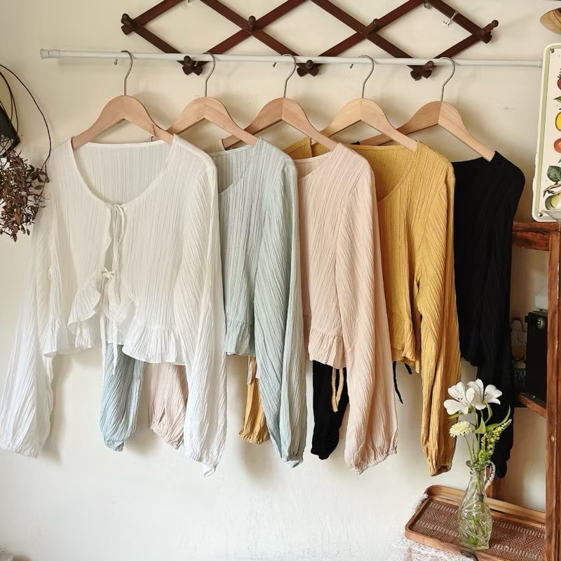 自訂款/浪漫滾邊皺皺綁帶罩衫外套