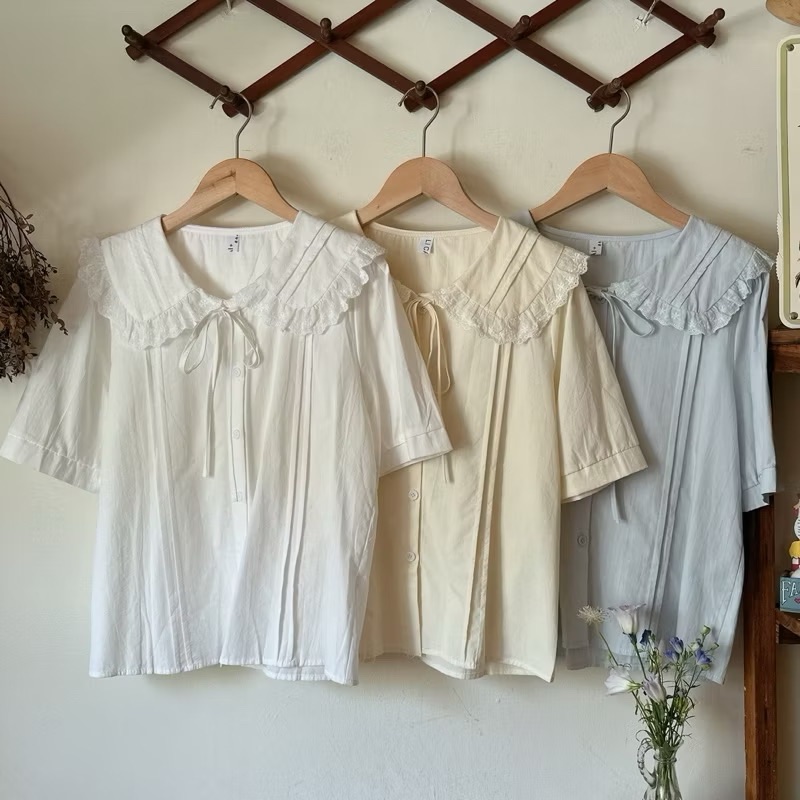 花圈/翻領綁帶棉質襯衫