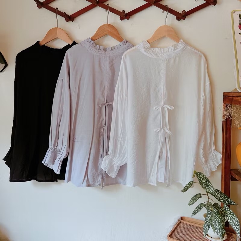 自訂款/空氣少女/微透綁帶開衩襯衫