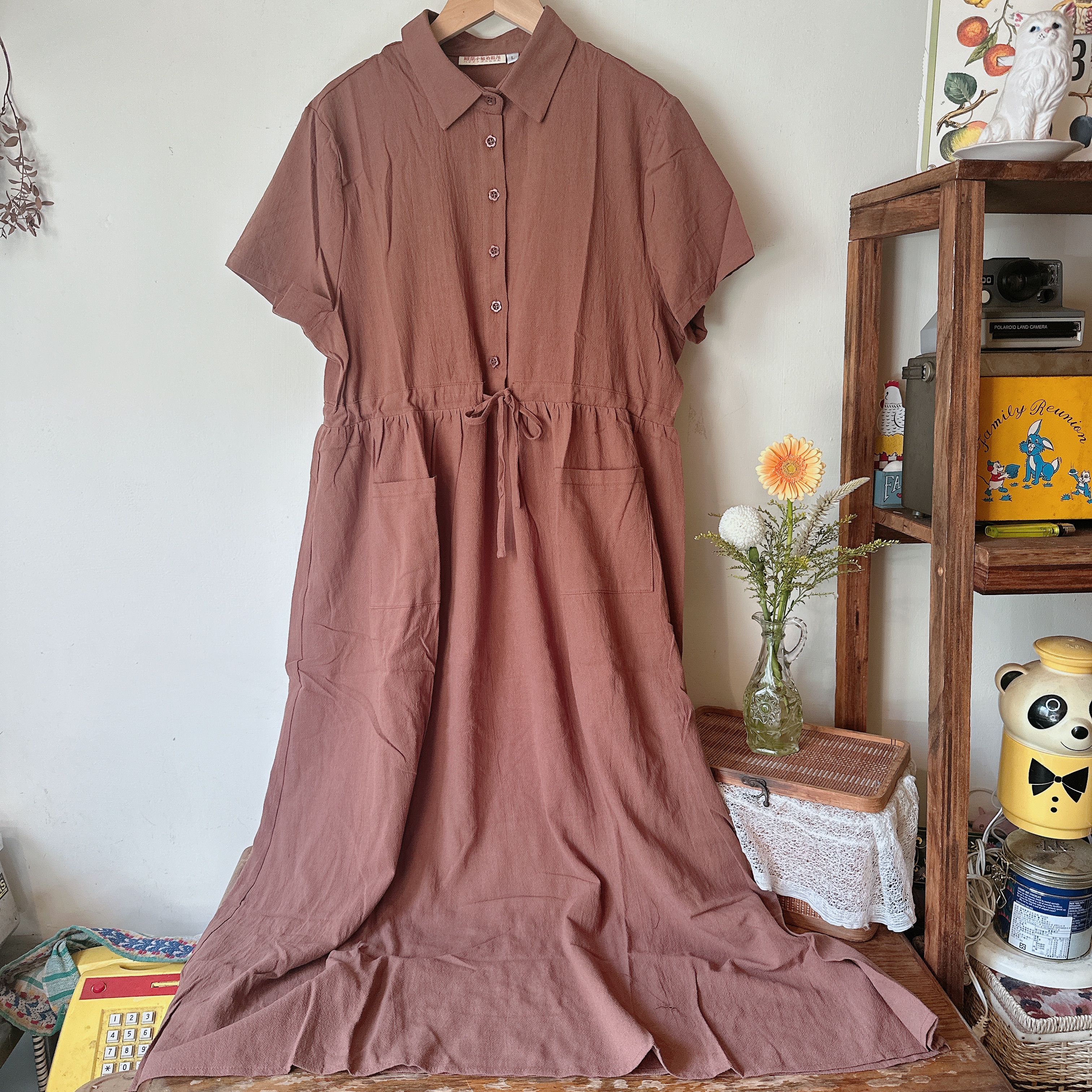 鳳梨自訂款日系百搭純棉收腰洋裝小咖