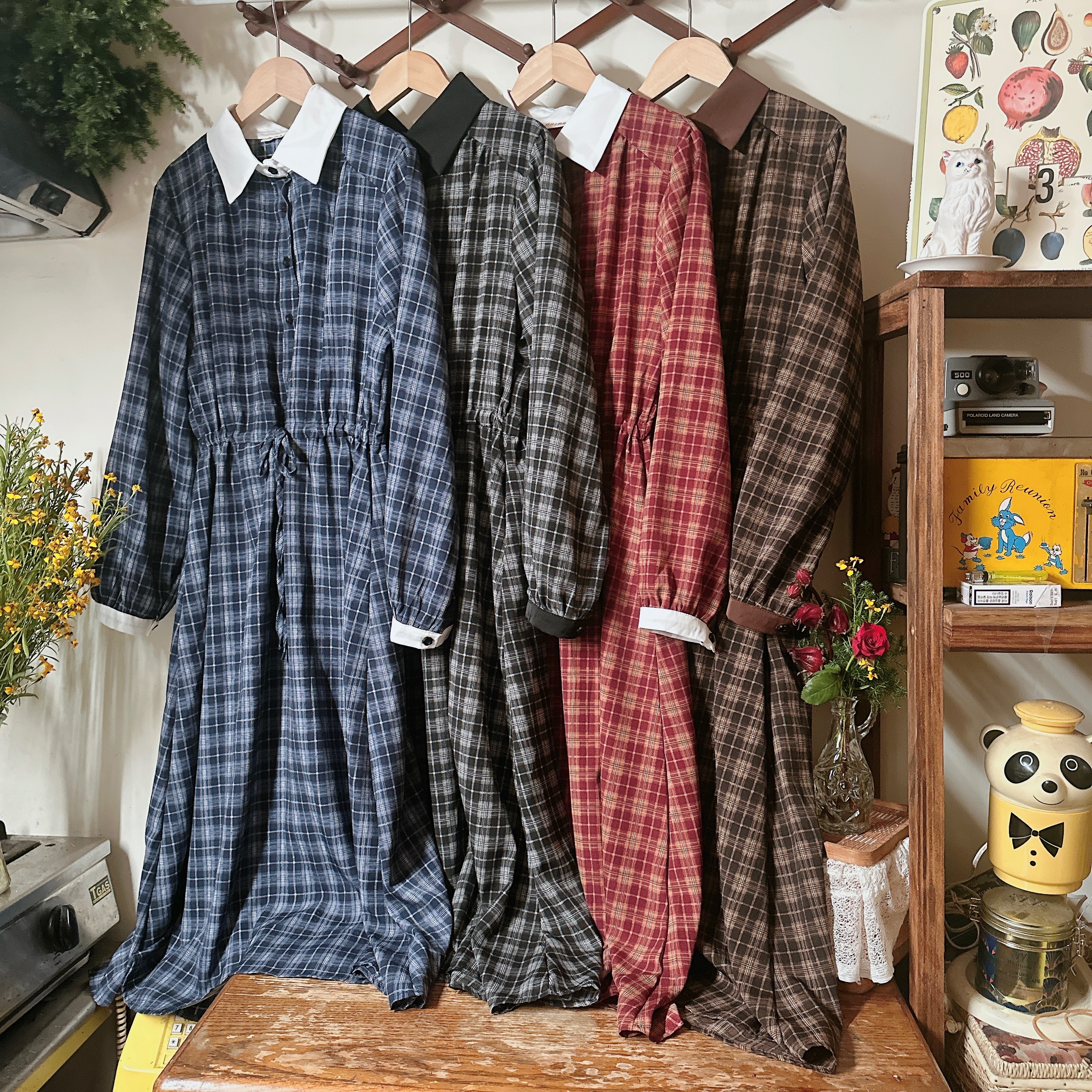 自訂款/拼領厚雪紡格紋洋裝