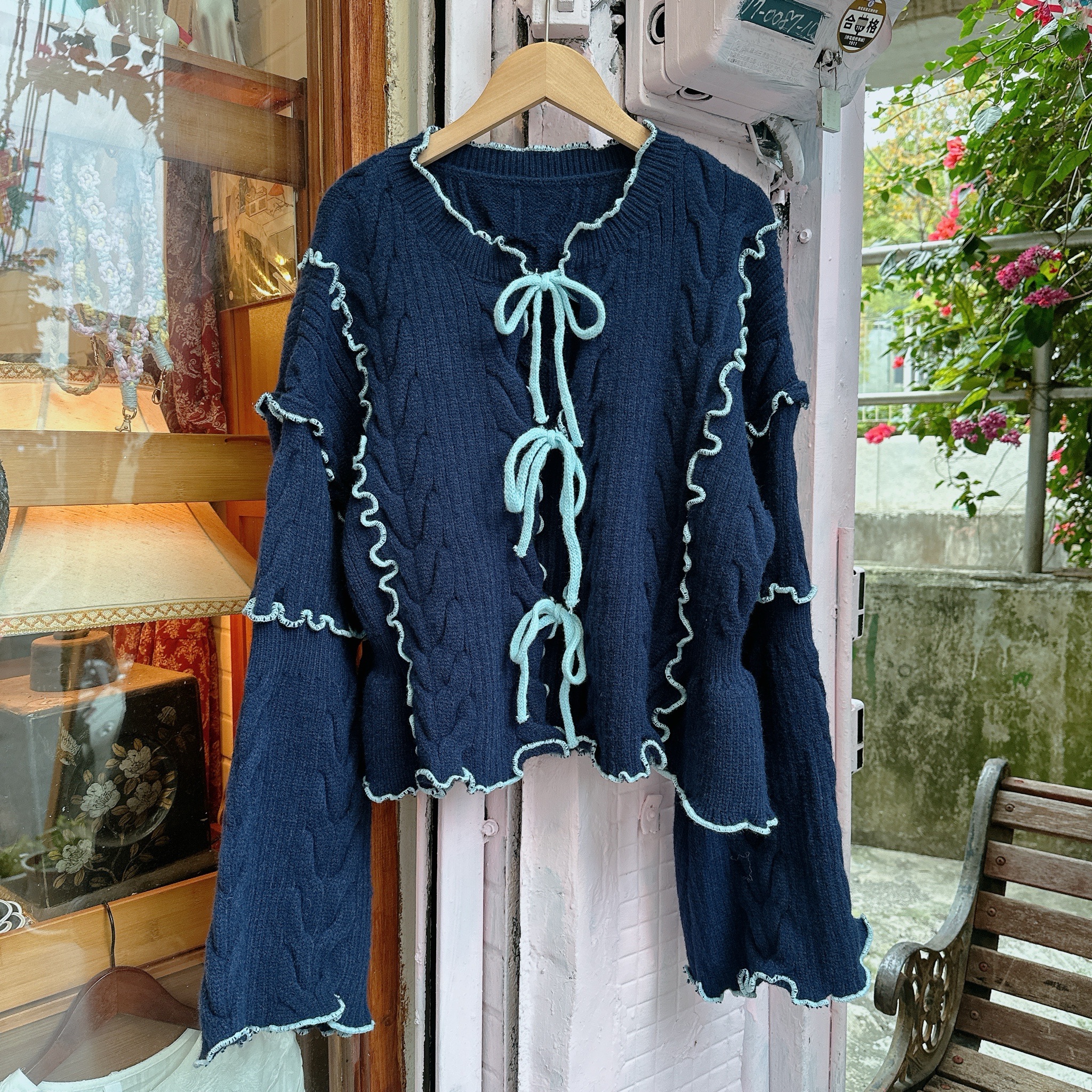 可愛撞色滾邊針織外套·毛衣