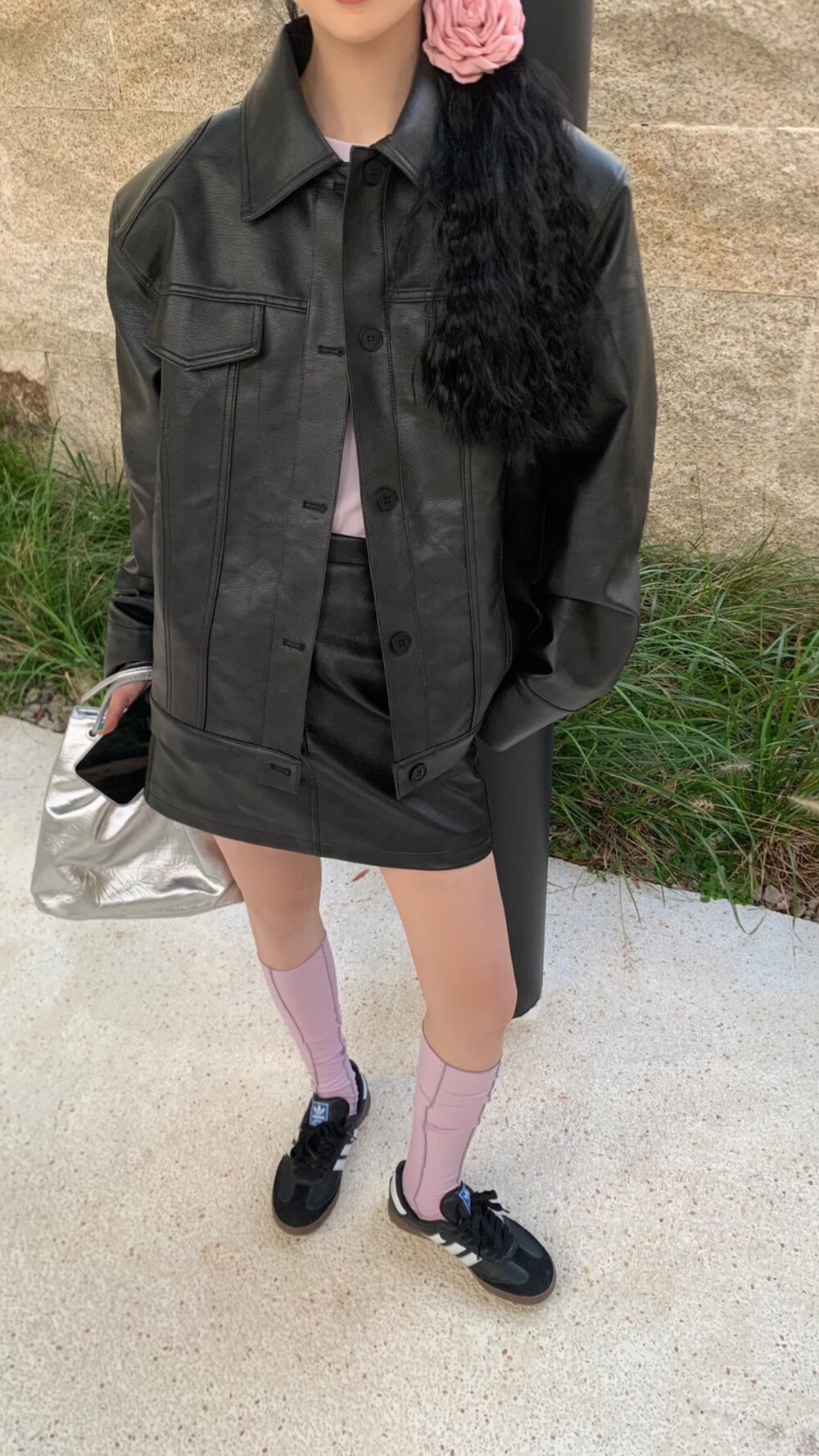 The Warm House✿春夏新品♡單排扣簡約PU皮外套+高腰顯瘦半身裙套裝🖤